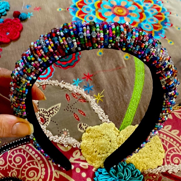 Vintage Gorgeous Sparkling Beads Suede Black Lining Headband Never Used - Picture 2 of 16